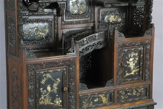 A Japanese Meiji period carved wood and shibayama cabinet, W.3ft 10in. D.1ft .5in. H.6ft 2in.